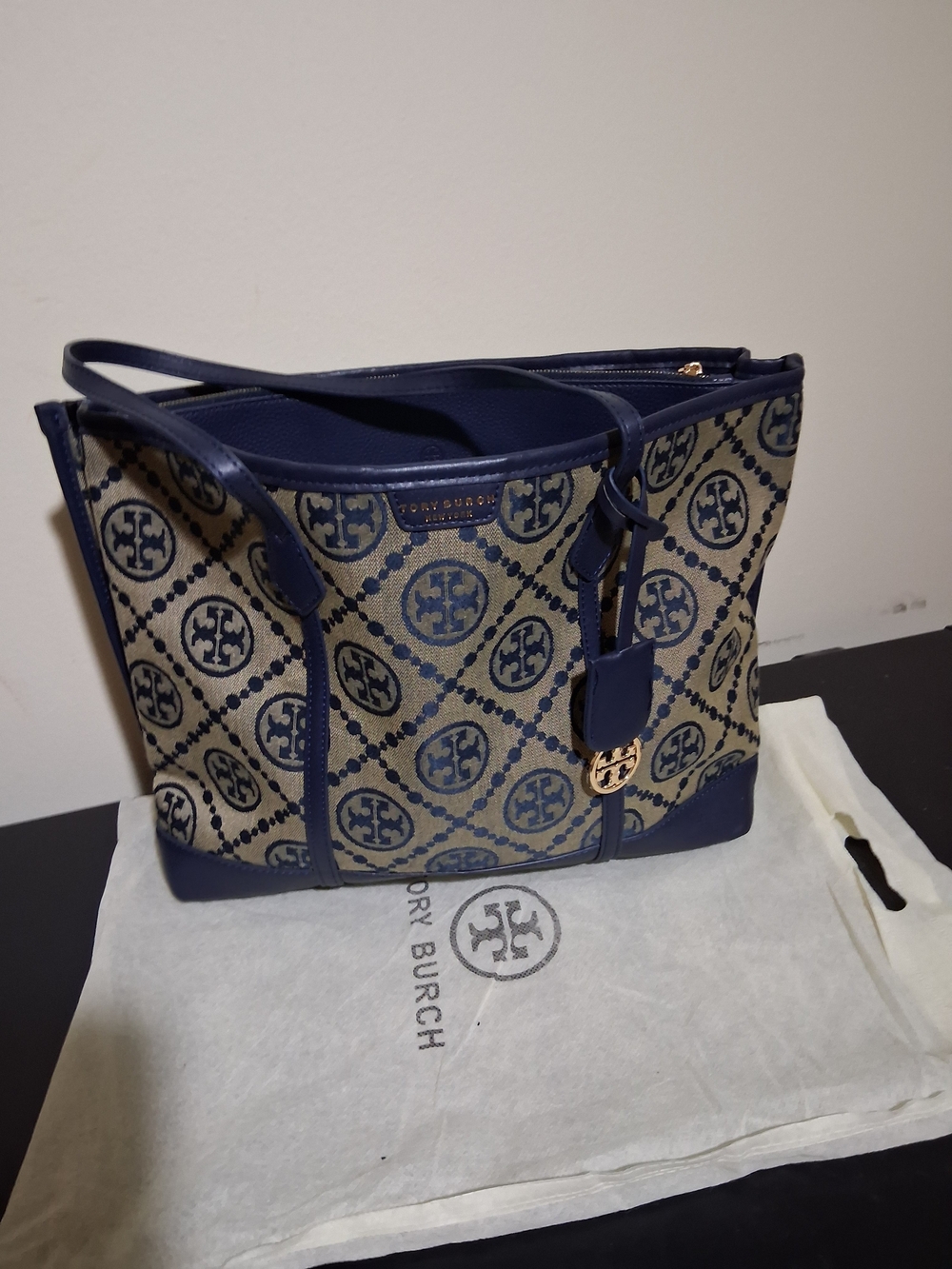 Navy and Beige Logo Jacquard Tote with Gold Accent
